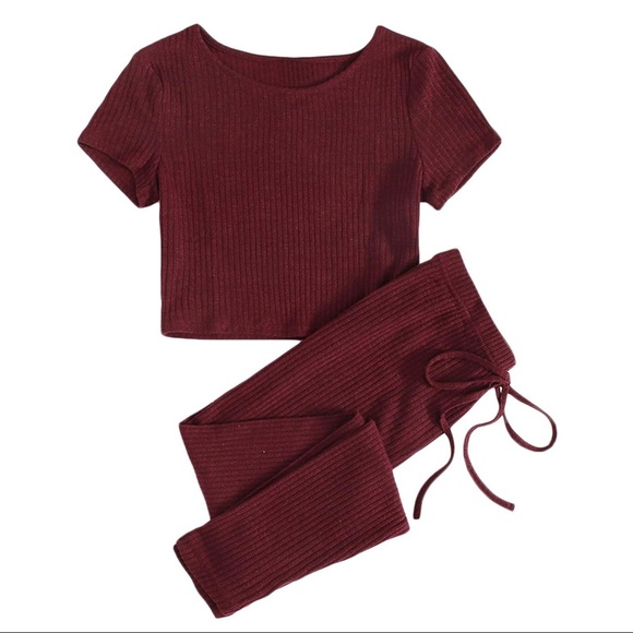 Tops - 2 Piece Ribbed Short Sleeve Top and Pants Set